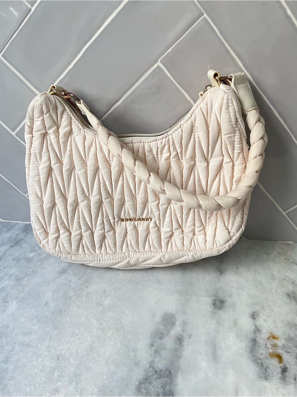 Quilted Braided-Handle Shoulder Bag in Pale Pink